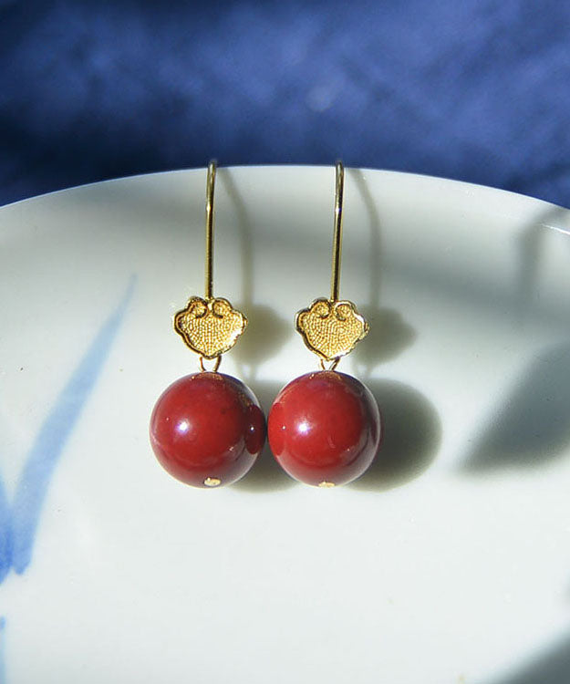 Classy Red Sterling Silver 18K Gold Cinnabar Drop Earrings