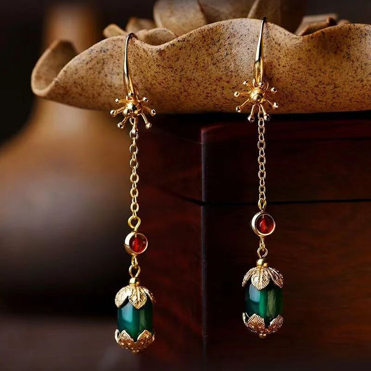 Classy Green Sterling Silver Overgild Agate Tassel Drop Earrings