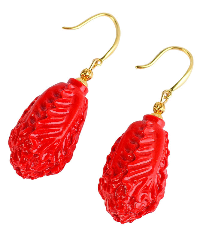 Classy Red Sterling Silver Overgild Cinnabar Chinese Cabbage Drop Earrings