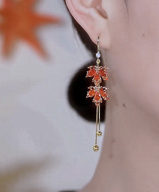 Classy Red Sterling Silver Overgild Zircon Maple Leaves Tassel Drop Earrings