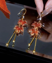 Classy Red Sterling Silver Overgild Zircon Maple Leaves Tassel Drop Earrings