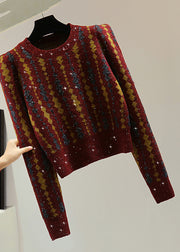 Classy Red Striped Sequins Cotton Knit Sweater Puff Sleeve