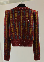 Classy Red Striped Sequins Cotton Knit Sweater Puff Sleeve