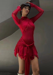 Classy Red Turtleneck Asymmetrical Tulle Vacation Mid Dress Long Sleeve