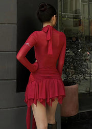 Classy Red Turtleneck Asymmetrical Tulle Vacation Mid Dress Long Sleeve