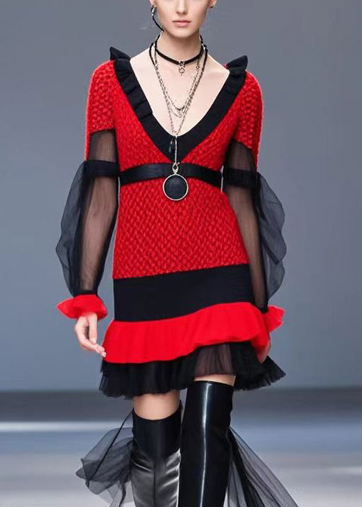 Classy Red V Neck Patchwork Tulle Knit Dress Fall