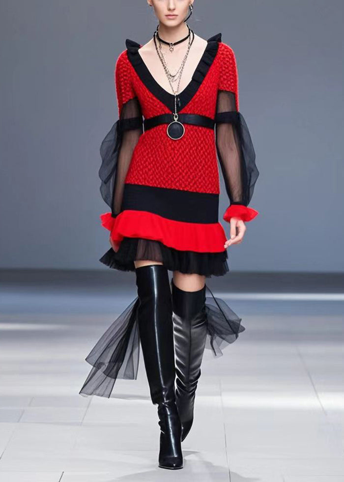 Classy Red V Neck Patchwork Tulle Knit Dress Fall