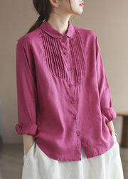 Classy Rose Peter Pan Collar Patchwork Wrinkled Button Linen Shirt Long Sleeve