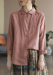 Classy Rose Peter Pan Collar Patchwork Wrinkled Button Linen Shirt Long Sleeve