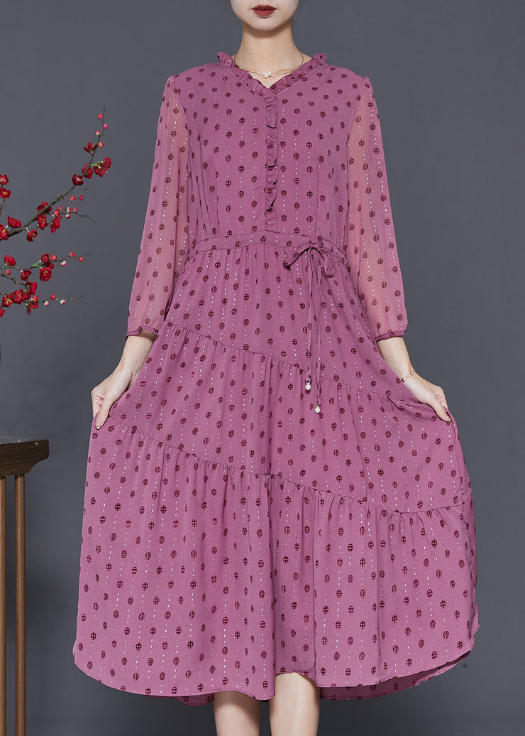 Classy Rose Ruffled Print Chiffon Cinched Dresses Spring