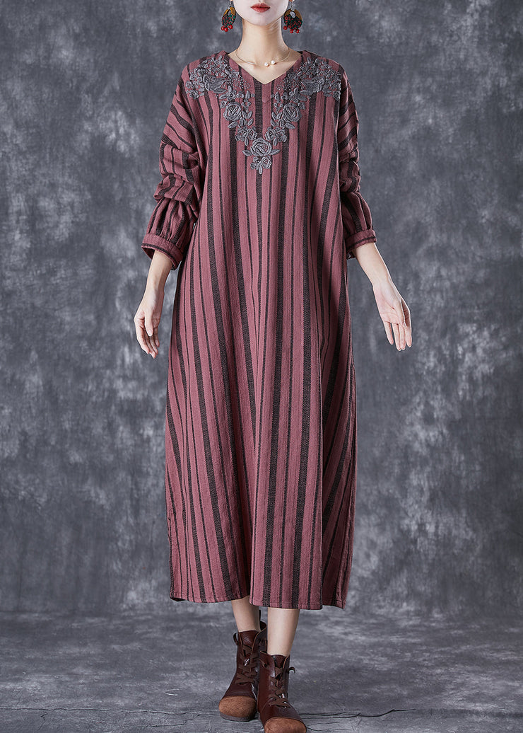 Classy Rust Red Embroidered Striped Linen Vacation Dresses Fall