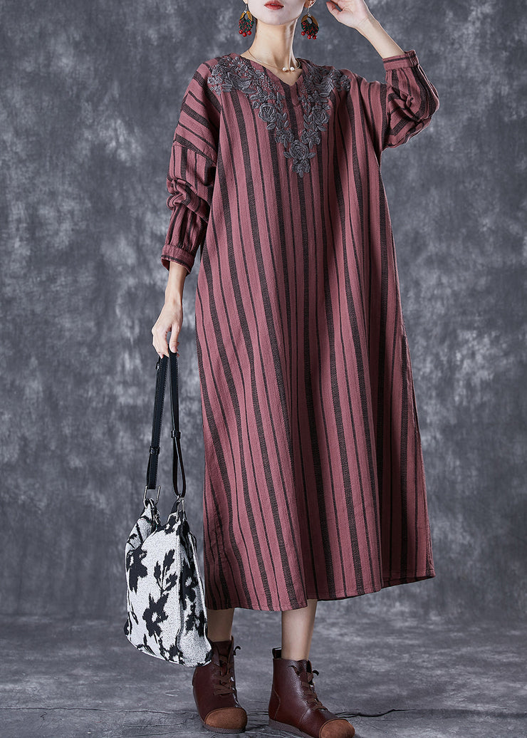 Classy Rust Red Embroidered Striped Linen Vacation Dresses Fall