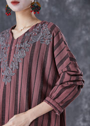 Classy Rust Red Embroidered Striped Linen Vacation Dresses Fall