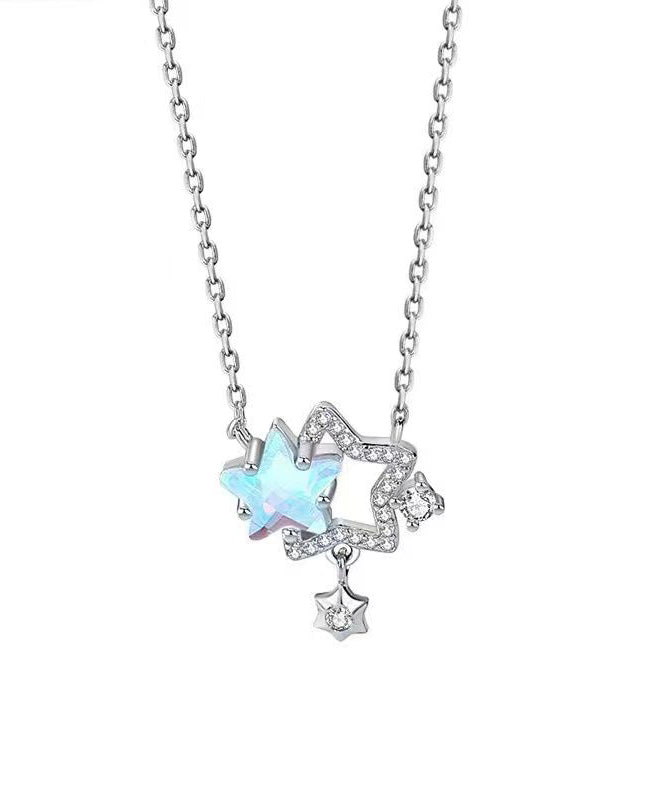 Classy Silk Sterling Silver Zircon Coloured Glaze Hollow Out Stars Pendant Necklace