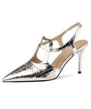 Classy Silver Cowhide Leather Pointed Toe High Heel Sandals