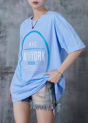 Classy Sky Blue Oversized Print Cotton Tanks Summer