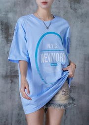 Classy Sky Blue Oversized Print Cotton Tanks Summer