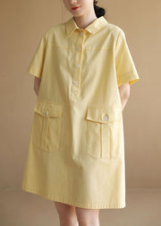 Classy Solid Yellow Peter Pan Collar Pockets Button Cotton Maxi Dress Short Sleeve