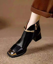 Classy Splicing Chunky Heel Ankle Boots Black Cowhide Leather