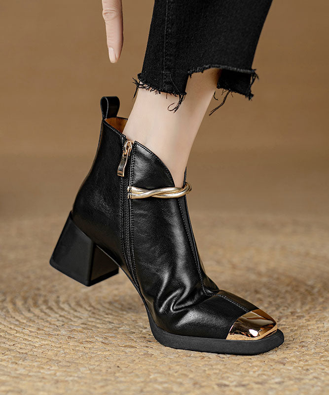 Classy Splicing Chunky Heel Ankle Boots Black Cowhide Leather