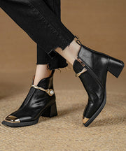 Classy Splicing Chunky Heel Ankle Boots Black Cowhide Leather