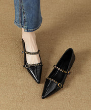 Classy Splicing Flat Shoes Black Cowhide Leather Pointed Toe