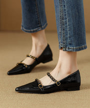 Classy Splicing Flat Shoes Black Cowhide Leather Pointed Toe