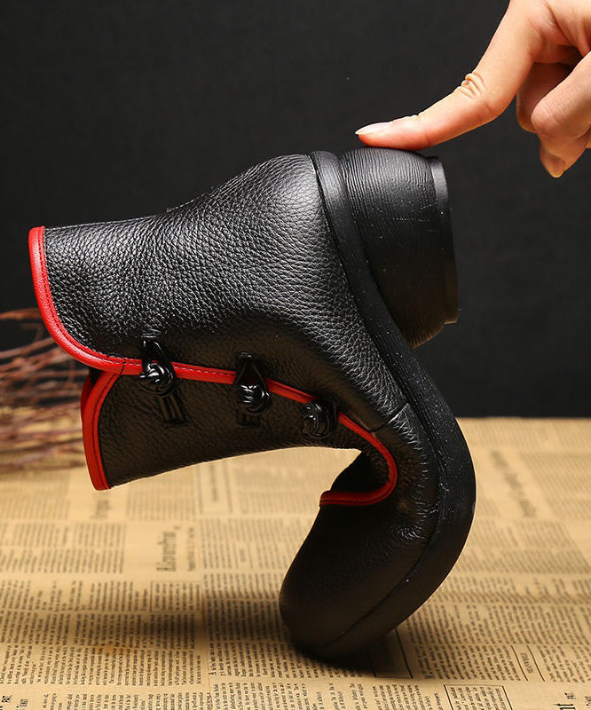 Classy Splicing Warm Fleece Chunky Ankle Boots Black Cowhide Leather