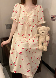 Classy Strawberry Print Ruffled Cotton Pajamas Dresses Butterfly Sleeve