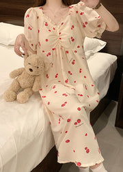 Classy Strawberry Print Ruffled Cotton Pajamas Dresses Butterfly Sleeve