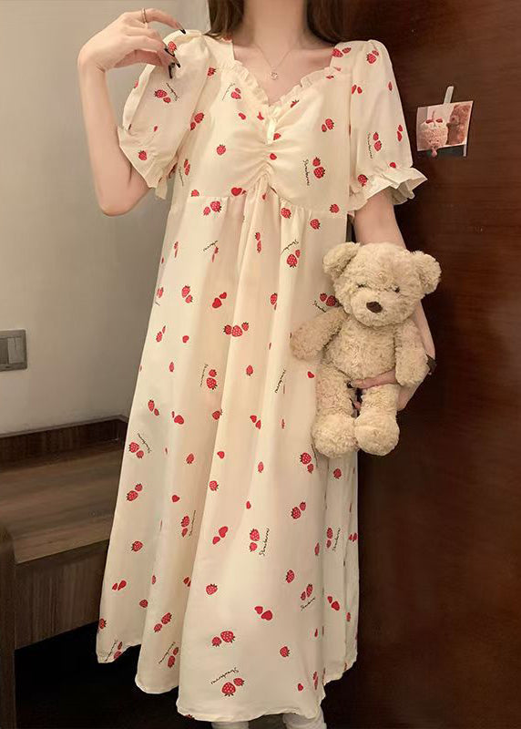 Classy Strawberry Print Ruffled Cotton Pajamas Dresses Butterfly Sleeve