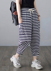 Classy Striped Embroideried Floral Drawstring Elastic Waist Draping Crop Pants Summer