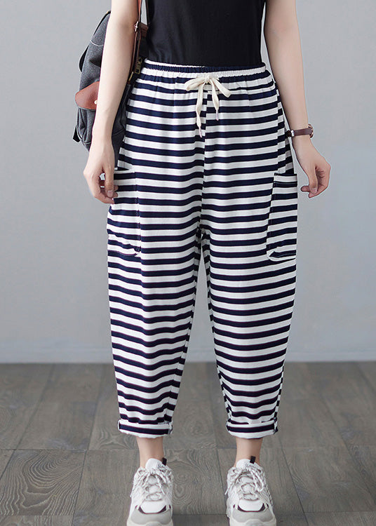 Classy Striped Embroideried Floral Drawstring Elastic Waist Draping Crop Pants Summer