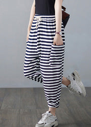 Classy Striped Embroideried Floral Drawstring Elastic Waist Draping Crop Pants Summer