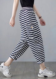 Classy Striped Embroideried Floral Drawstring Elastic Waist Draping Crop Pants Summer