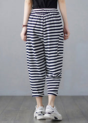 Classy Striped Embroideried Floral Drawstring Elastic Waist Draping Crop Pants Summer