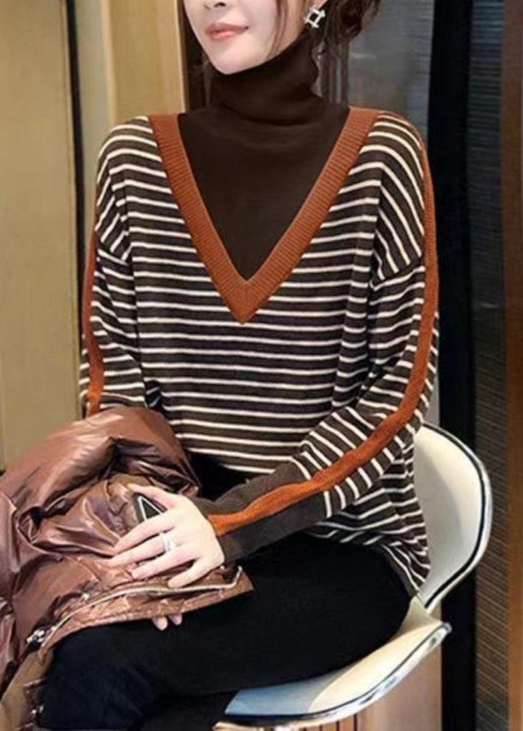 Classy Striped Hign Neck Patchwork Knit Sweaters Tops Fall