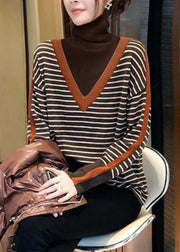 Classy Striped Hign Neck Patchwork Knit Sweaters Tops Fall