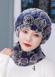 Classy Thick Rabbit Hair Knit Hat Two Piece Set Winter