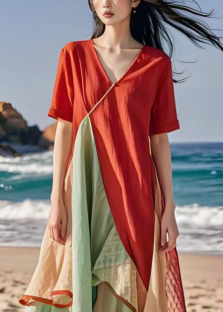 Classy V Neck Asymmetrical Design Patchwork Cotton Dresses Summer