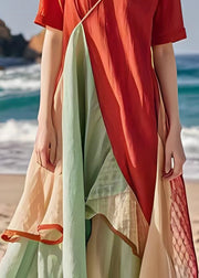 Classy V Neck Asymmetrical Design Patchwork Cotton Dresses Summer