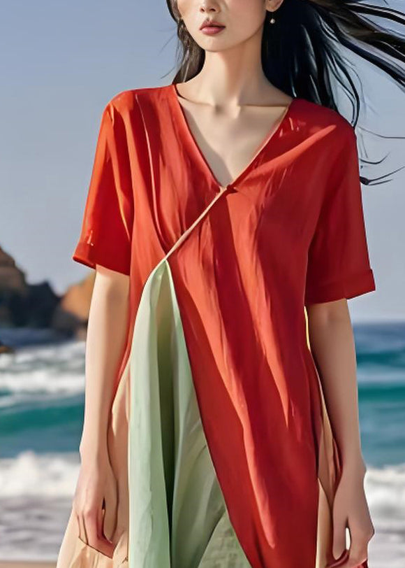 Classy V Neck Asymmetrical Design Patchwork Cotton Dresses Summer
