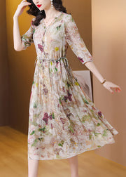 Classy V Neck Print Ruffled Drawstring Silk Dress Summer