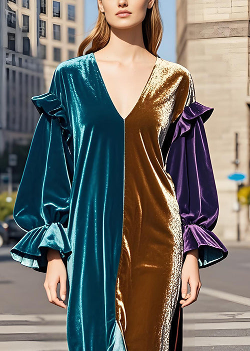 Classy V Neck Ruffled Patchwork Velvet Dress Flare Sleeve