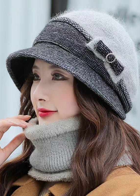 Classy Versatile Warm Gray Bow Rabbit Fur Hat And Scarf Set