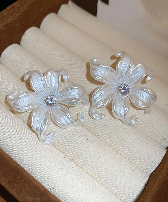 Classy White Acrylic Zircon Floral Stud Earrings