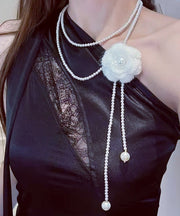 Classy White Alloy Floral Pearl Sweater Lariat Necklace