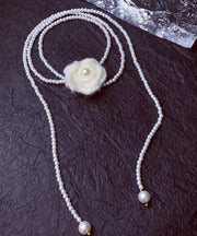 Classy White Alloy Floral Pearl Sweater Lariat Necklace