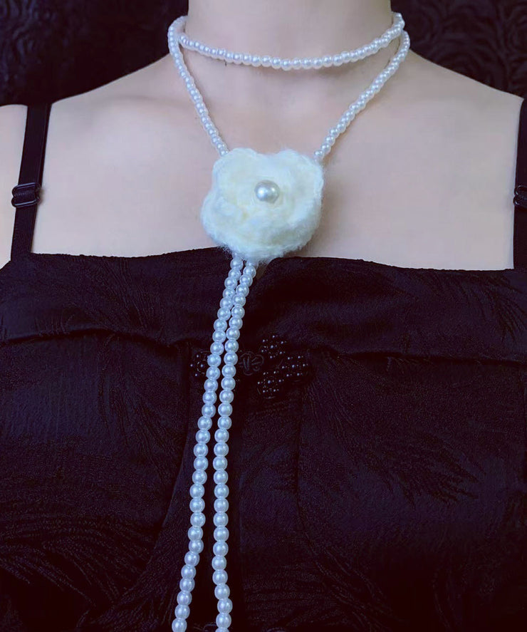 Classy White Alloy Floral Pearl Sweater Lariat Necklace