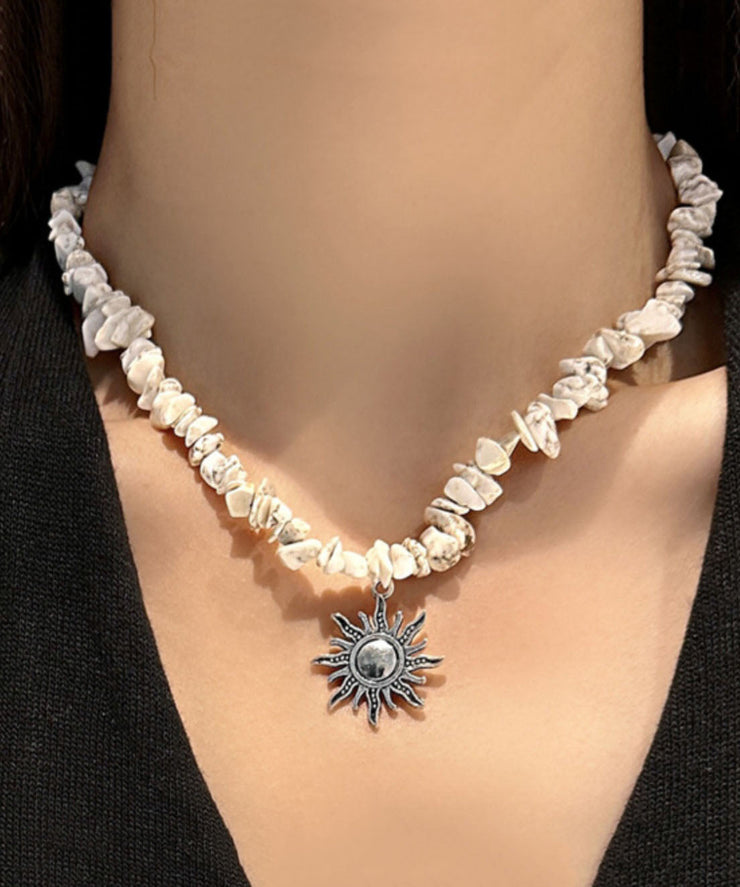 Classy White Alloy Natural Stone Sun Lariat Necklace